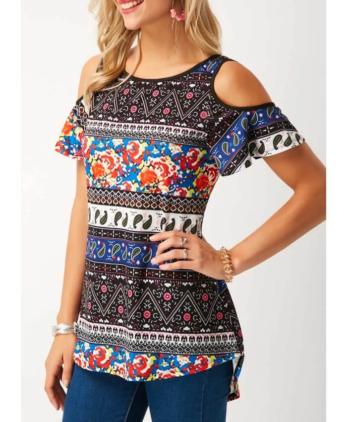 Cold Shoulder Curved Hem Printed T Shirt